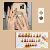 24Pcs Autumn Winter Short Round Head Fake Press On Nail Cute MilkTea Color Blooming Gradient Artificial Nail With Jelly Glue