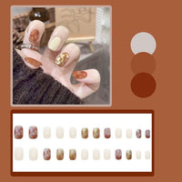 24Pcs Autumn Winter Short Round Head Fake Press On Nail Cute MilkTea Color Blooming Gradient Artificial Nail With Jelly Glue