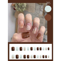 24Pcs Autumn Winter Short Round Head Fake Press On Nail Cute MilkTea Color Blooming Gradient Artificial Nail With Jelly Glue