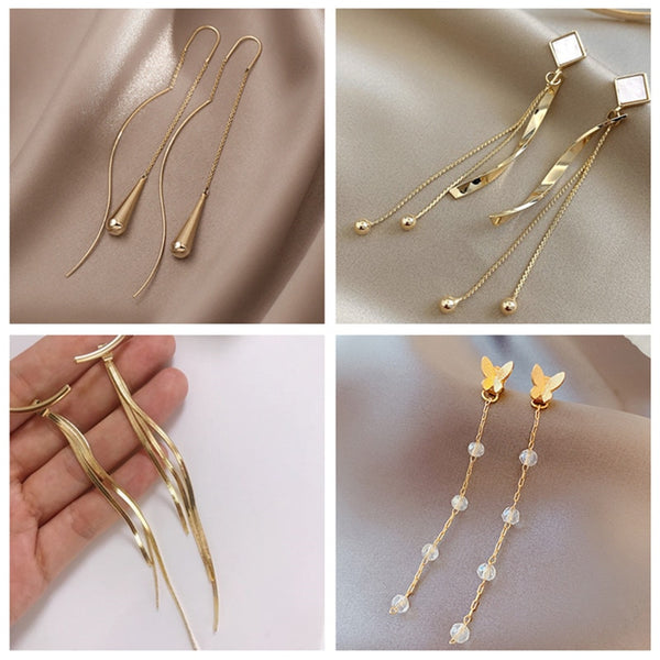 Vintage Gold Color Bar Long Thread Tassel Drop Earrings for Women Glossy Arc Geometric Korean Fashion Jewelry Hanging Pendientes