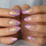 28pcs Nude Purple Short Almond Press on False Nails with Designs Gold Moon Starts Glossy Gel Fake Nails Finger Nail Decorations