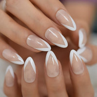 French Short Almond Fake Nails White Lined Artificial Fingernails Manicure