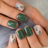 Dark Green False Nail Short Conifer Tree Form Nail French Designs For Sticking On Round Cream Nail Tips