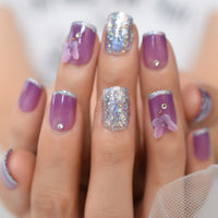 Butterfly Nail Art Tips Lavender Purple Mix Glitter French Style Fashion Fake Nails Short Art Beads Designed Nail