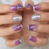 Butterfly Nail Art Tips Lavender Purple Mix Glitter French Style Fashion Fake Nails Short Art Beads Designed Nail