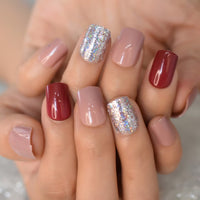 Gel Nails Mix Glitter Holo Faux Ongles Square Short False Nails Pink Dark Red Color 26pcs