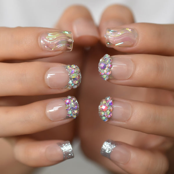 Nude Clear Fake Press On Short Nails Crystal Shiny False Nails Sequins Artificial Nail With Rhinestones Swirl Abstract Nail Tips