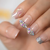 Nude Clear Fake Press On Short Nails Crystal Shiny False Nails Sequins Artificial Nail With Rhinestones Swirl Abstract Nail Tips