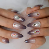 Nude Clear Fake Press On Short Nails Crystal Shiny False Nails Sequins Artificial Nail With Rhinestones Swirl Abstract Nail Tips