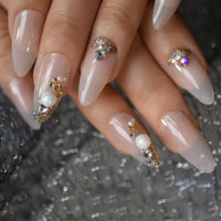 Nude Clear Fake Press On Short Nails Crystal Shiny False Nails Sequins Artificial Nail With Rhinestones Swirl Abstract Nail Tips