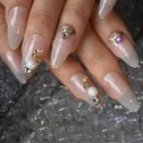 Nude Clear Fake Press On Short Nails Crystal Shiny False Nails Sequins Artificial Nail With Rhinestones Swirl Abstract Nail Tips