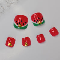 24pcs Artificial Toenails False Design Water Melon Pattern Toe Fake Nails Set Press On Full Cover Gel Feet Nails Tips Short