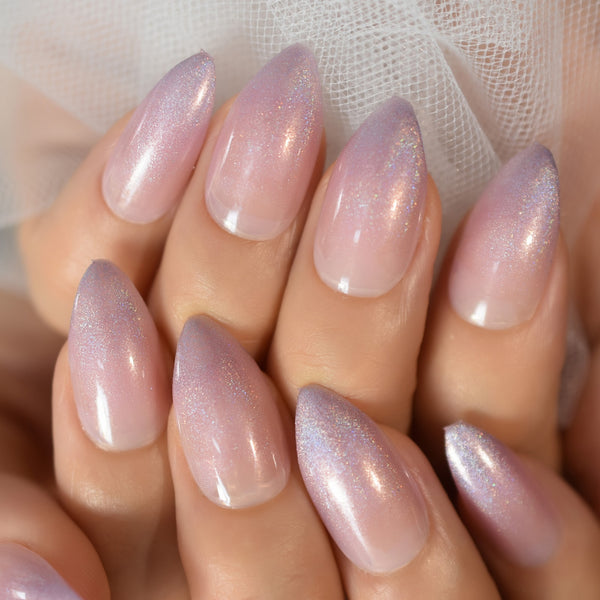 Light Pink Almond Press On Nails Stiletto Short Medium Galaxy Shine Full Cover Nude Fake False Nail Tips Artificial Nail Art