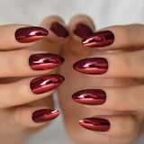 Dark Red Metallic Nails Almond Short Burgundy Mirror Press On False Nail Tips Stiletto Glossy Full Cover Stick On Nails 24pcs