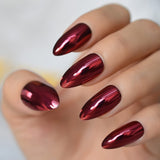 Dark Red Metallic Nails Almond Short Burgundy Mirror Press On False Nail Tips Stiletto Glossy Full Cover Stick On Nails 24pcs