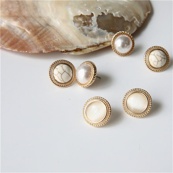 2020  New Vintage Round Marble Opal Stone Big Stud Earrings For Women Fashion Temperament Simulated Pearl earrings