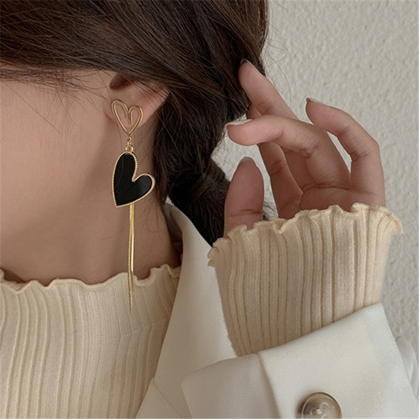 New Fashion Asymmetric Lovely Fine Heart Contracted Drop Earrings Long Metal Tassels Joker Women Earrings Elegant Trend