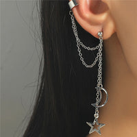 1 Piece Men Women Punk Star Moon Exaggerated Classic Metal Chain Drop Dangle Earrings Street Hip Hop Jewelry Kpop