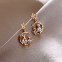 2021 New Trendy Moon Dangle Earrings For Women Temperament Pearl Cherry Cat Rhinestone Pendant Earring Girl Party Jewelry Gift