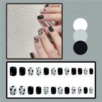 24pcs/box Press on Fake Nails Nail Art Short Cute Black Leopard Print with Artifical Designs Full Cover Stick False Nails Tips