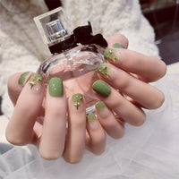 24pcs Girls Japanese Fresh Style Fake Nail Green Armor Short Waterproof False Nails Summer Fashion Nail Art Tips with Glue