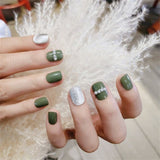 24pcs Girls Japanese Fresh Style Fake Nail Green Armor Short Waterproof False Nails Summer Fashion Nail Art Tips with Glue