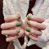 24pcs Girls Japanese Fresh Style Fake Nail Green Armor Short Waterproof False Nails Summer Fashion Nail Art Tips with Glue