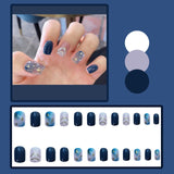 24Pc Fake nails with diamond black star and moon pattern design Wearable Short Round/Square Head False Nails Full Cover Nail Tip