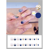 24Pc Fake nails with diamond black star and moon pattern design Wearable Short Round/Square Head False Nails Full Cover Nail Tip