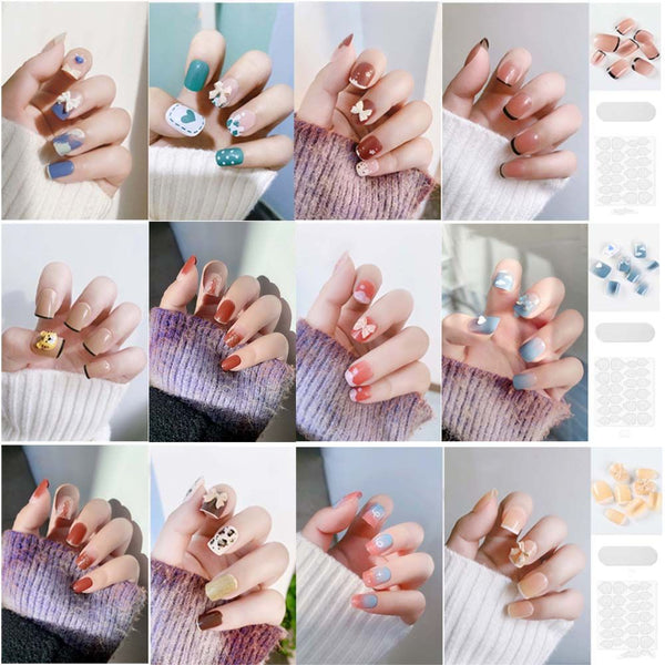 Press on False with Designs Set Bowknot Cartoon Animal Decal Fake Nails Art Heart Point Full Cover Artificial Short Nail Tips