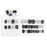 Short Round Fake Nails Black-White Lines Simple Design Fingernail Tip Professional French Nail Art For Student Office Lady