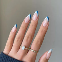 24pcs Almond False Nails Short French Blue Design Artificial Ballerina Fake Nails Full Cover Nail Tips Press On Nails Hot Sale