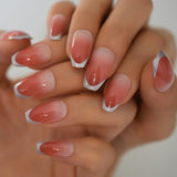 Nude Natural French Nail Fake Nails Short Length Designed False Nails Press On White Silver Glitter Tips