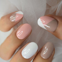 Round Fake Nails Full Cover Artificial Nails White Pink Press On Nails Khaki Short False Artificial Nail Art Tips Designer