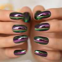 Short Midi Coffin Nails Chrome Mirror Fake Nails Set Metallic Press On Nails Medium Length Bead Luster Shiny Rainbow Nail Tips