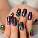 Short Midi Coffin Nails Chrome Mirror Fake Nails Set Metallic Press On Nails Medium Length Bead Luster Shiny Rainbow Nail Tips