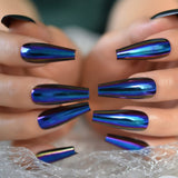 Short Midi Coffin Nails Chrome Mirror Fake Nails Set Metallic Press On Nails Medium Length Bead Luster Shiny Rainbow Nail Tips