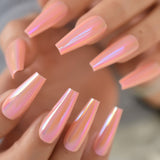 Short Midi Coffin Nails Chrome Mirror Fake Nails Set Metallic Press On Nails Medium Length Bead Luster Shiny Rainbow Nail Tips