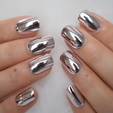 Short Midi Coffin Nails Chrome Mirror Fake Nails Set Metallic Press On Nails Medium Length Bead Luster Shiny Rainbow Nail Tips