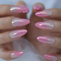 24pcs Coffin Nails Short Metallic Plate Fake Nails Ballet Holo Mirror Press on Nails Full Cover Acrylic Glossy False Nail Tips