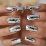 24pcs Coffin Nails Short Metallic Plate Fake Nails Ballet Holo Mirror Press on Nails Full Cover Acrylic Glossy False Nail Tips