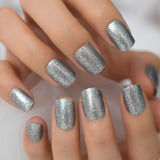 Short Nails Press On Silver Glitter Fake Nail Shimmer Full Cover Artifcial False Nail Women Makeup Manicure Art