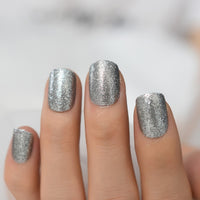 Short Nails Press On Silver Glitter Fake Nail Shimmer Full Cover Artifcial False Nail Women Makeup Manicure Art