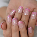 Pink French Nail Silver Glitter Wind Style Shimmer Decorative Artificial False Nails Short Round Shape Manicure Tips 24