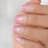 Pink French Nail Silver Glitter Wind Style Shimmer Decorative Artificial False Nails Short Round Shape Manicure Tips 24