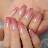 Pink French Nail Silver Glitter Wind Style Shimmer Decorative Artificial False Nails Short Round Shape Manicure Tips 24