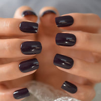 Short Fake Nails Classic Dark Purple False Nails Glossy Square Short Flat Head Fake Nails With Adhesive Blue On Back