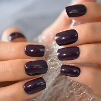 Short Fake Nails Classic Dark Purple False Nails Glossy Square Short Flat Head Fake Nails With Adhesive Blue On Back