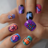 Crazy Artificial Fake Nails Kit Harajuku Style Spaceship Galaxy Press On Nails Short Round Designed Nail Art Tips For Girls