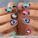 Crazy Artificial Fake Nails Kit Harajuku Style Spaceship Galaxy Press On Nails Short Round Designed Nail Art Tips For Girls